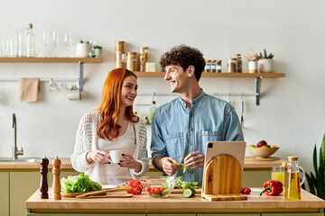 Young couple enjoys cooking together in a cozy kitchen while sharing smiles and laughter
