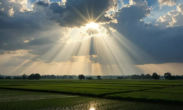 Sun rays breaking through clouds over green fields

