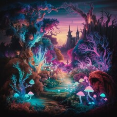 Magical fantasy landscape with a floating castle above a vibrant underwater world