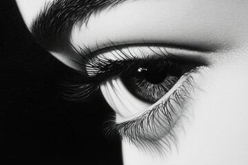 Fototapeta premium Close-up of an eye with detailed eyelashes and eyebrow against a dark background
