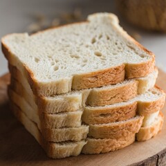 A stack of fresh sliced bread on a wooden table