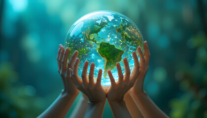 Hands of children and adults working together to lift a fragile glass Earth