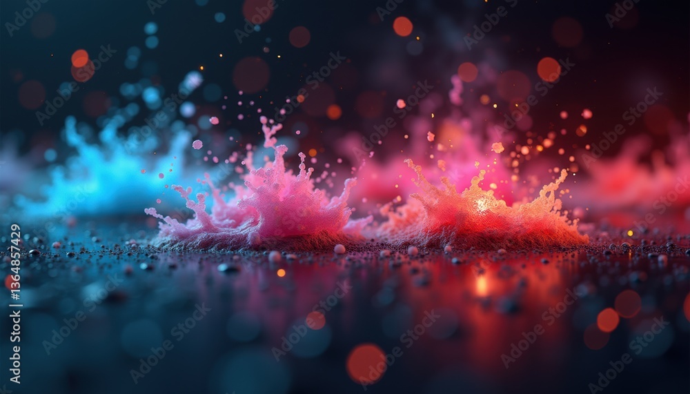 Poster colorful splashes of liquid creating vibrant patterns against darkness