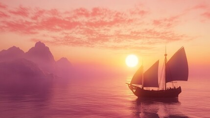 Naklejka premium Sunset Sail: A Serene Voyage Across Pink Waters