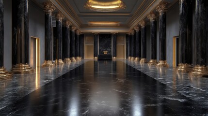 Obraz premium Grand colonnaded hall with dark marble and gold accents