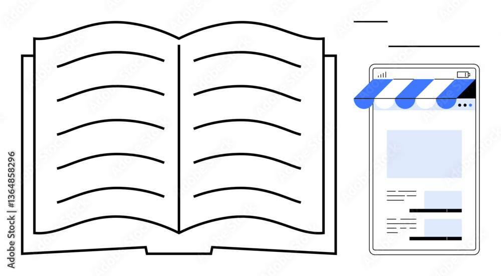 Poster open book with visible text lines next to an online storefront interface, emphasizing the blend of l