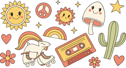 Fototapeta premium Vintage groovy set elements in flat graphic design. Vector illustration. Collection of funny cat, heart, sun, sunglasses, daisy, cactus, roller skates, music cassette, guitar, peace, unicorn, other. 