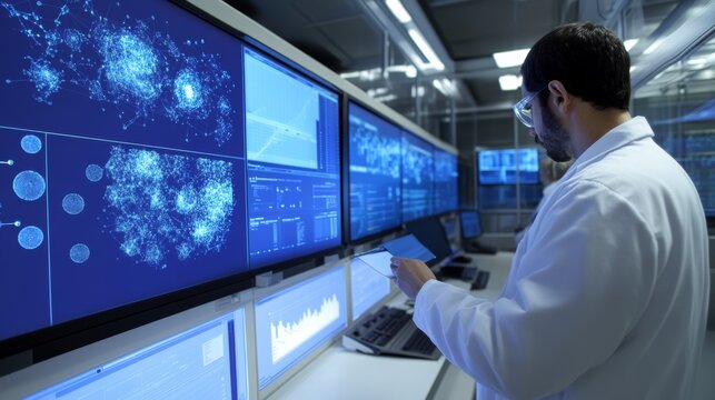 A scientist using AI to enhance natural language processing models, clean lab with large screens displaying language algorithms and data visualization tools, High-tech style