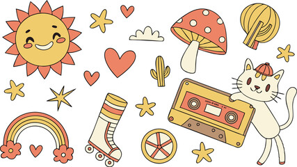 Vintage groovy set elements in flat graphic design. Vector illustration. Collection of funny cat, heart, sun, sunglasses, daisy, cactus, roller skates, music cassette, guitar, peace, unicorn, other. 