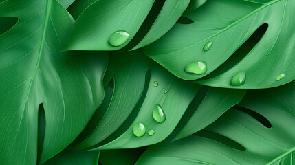 Fototapeta premium Close Up of Lush Green Tropical Leaves with Water Droplets