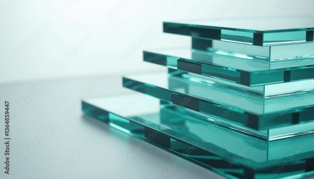 Poster stacked glass sheets reflecting light on a minimalistic surface