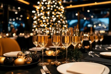 Sparkling champagne on a decorated table with Christmas tree background. Festive holiday cheer