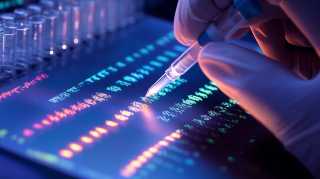 A scientist working with AI to map the human genome, high-tech laboratory with DNA sequencing equipment and AI-controlled data analysis screens, High-tech style