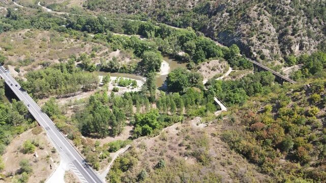Aerial view of Struma River passing through the Kresna Gorge, Bulgaria
