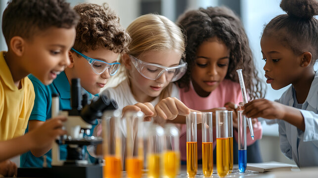 A group of diverse kids in a science classroom, enthusiastically conducting an experiment with test tubes and a microscope. The scene captures curiosity, education, and teamwork.