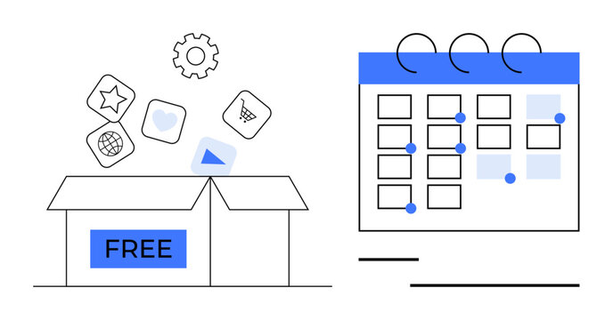 Open box labeled FREE with app icons floating out, next to a calendar with scheduled events. Ideal for technology, organization, productivity, planning, scheduling, business innovation. Flat simple