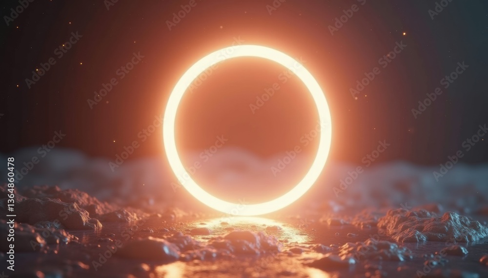 Poster glowing ring illuminating water surface in dark setting