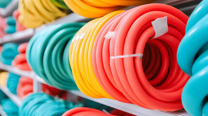 Colorful Coiled Garden Hoses on Retail Shelf