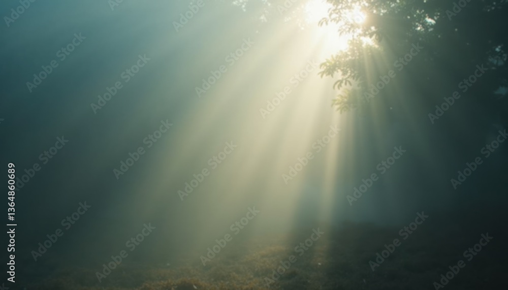 Poster sunlight streaming through misty forest