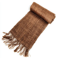 Rolled brown burlap cloth with fringe on white background