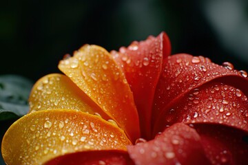 Vibrant flower petals display an orange-red gradient, adorned with glistening water droplets