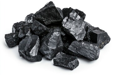 Pile of Shiny Black Anthracite Coal Pieces Isolated on White Background