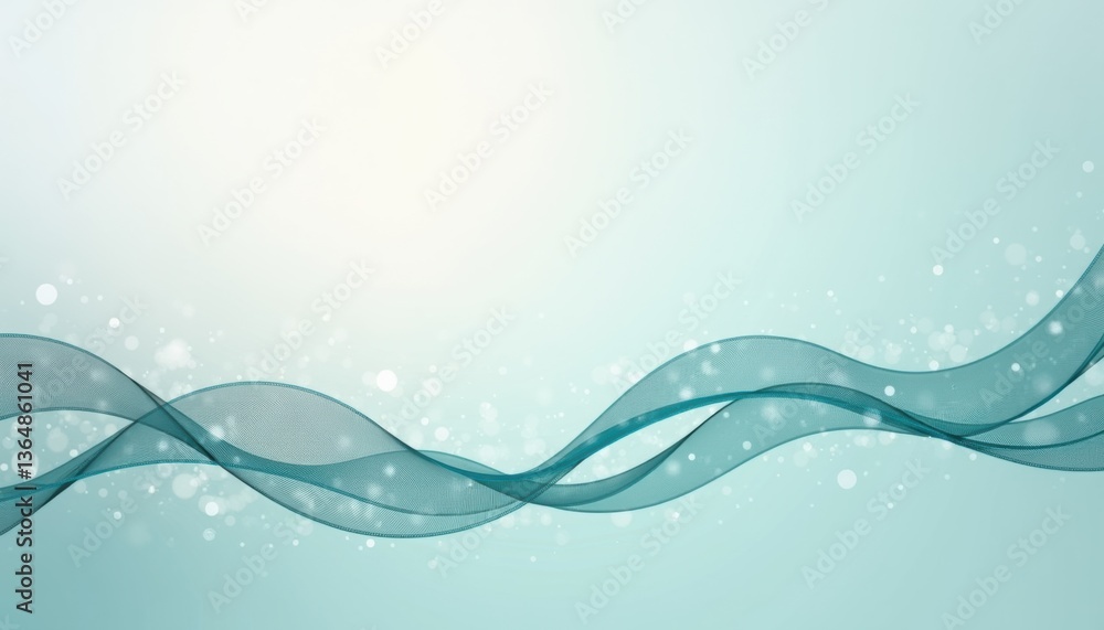 Poster Abstract teal waves with glowing bokeh on a soft background  
