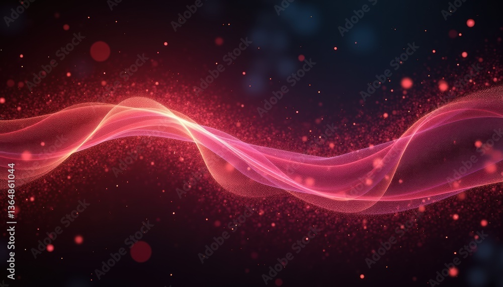 Poster Abstract pink and red light waves with glowing particles  