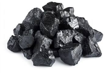 Pile of Shiny Black Coal Lumps on White Background Energy Resource