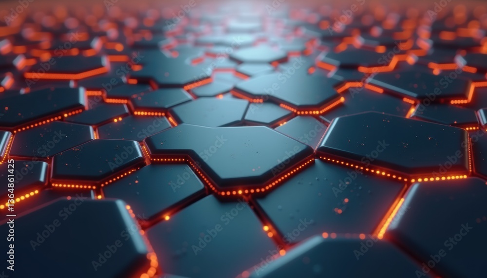 Poster hexagonal glowing tiles on dark background in futuristic style