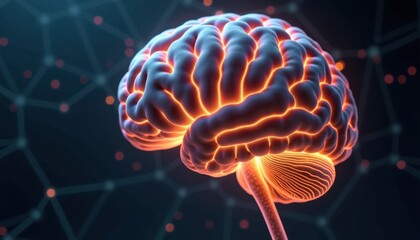 Brain with Glowing Neural Connections on Dark Background  