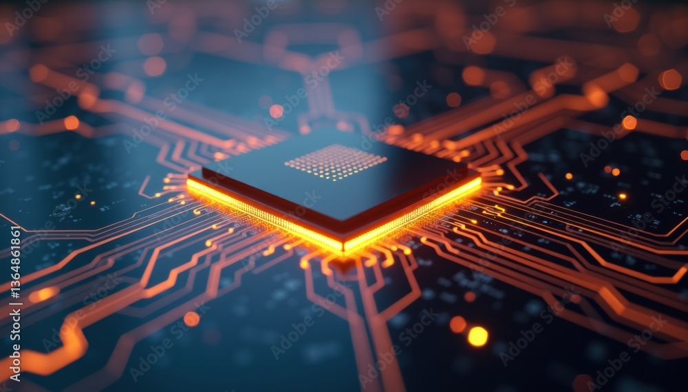 Poster Microchip with glowing circuitry against a dark background  
