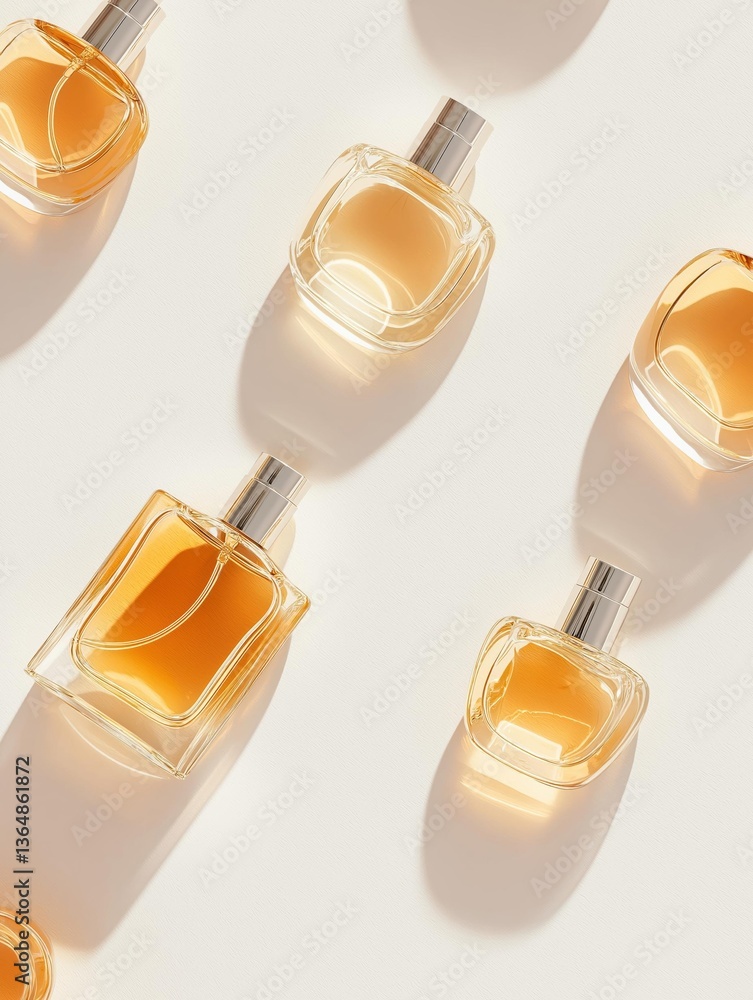 Fototapete group of six perfume bottles arranged in a diagonal line on a white background. the bottles are of d