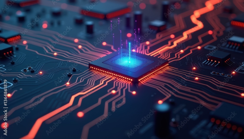 Poster High-tech circuit board with glowing processor and lines  