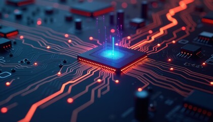 High-tech circuit board with glowing processor and lines  