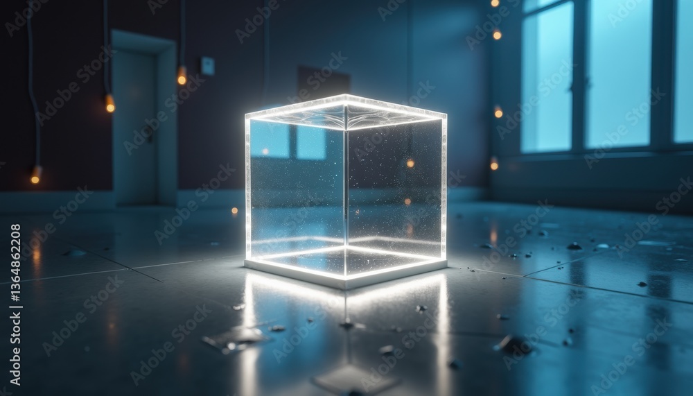Poster Illuminated Transparent Cube in a Modern Setting  
