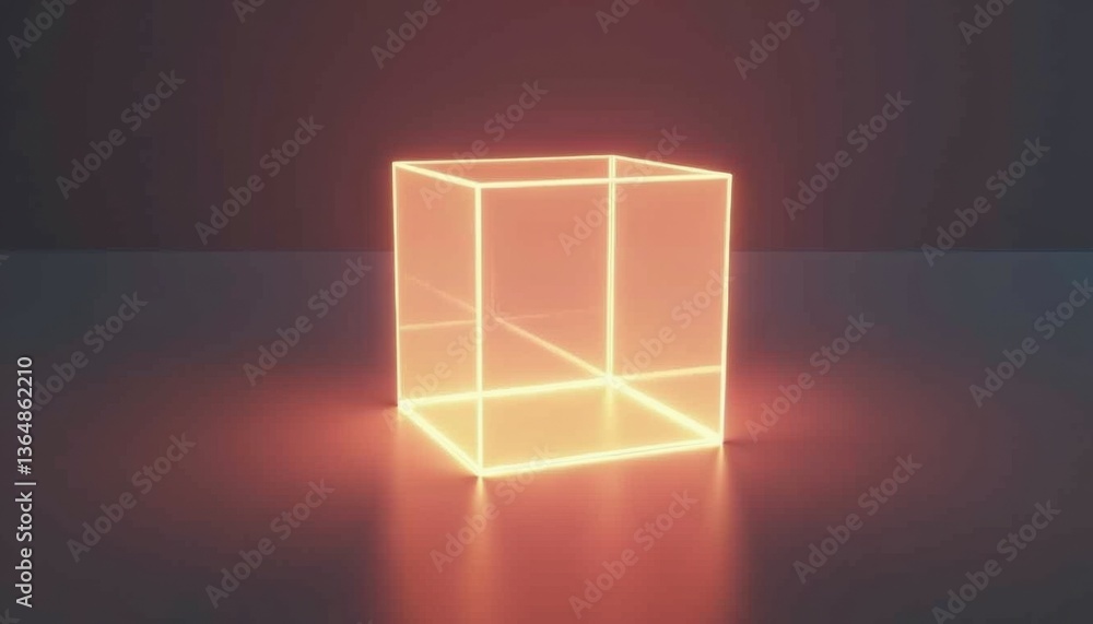 Poster Neon glowing cube on a reflective surface in a dark setting  