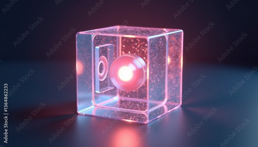 Poster abstract glowing orb inside a transparent cube against a dark background