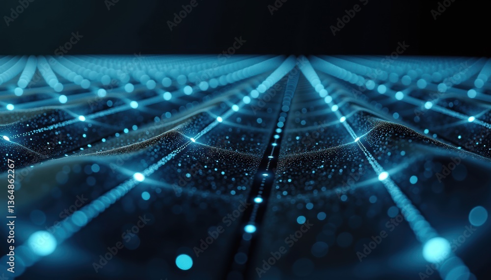 Poster digital blue grid waves illuminated by bright particles