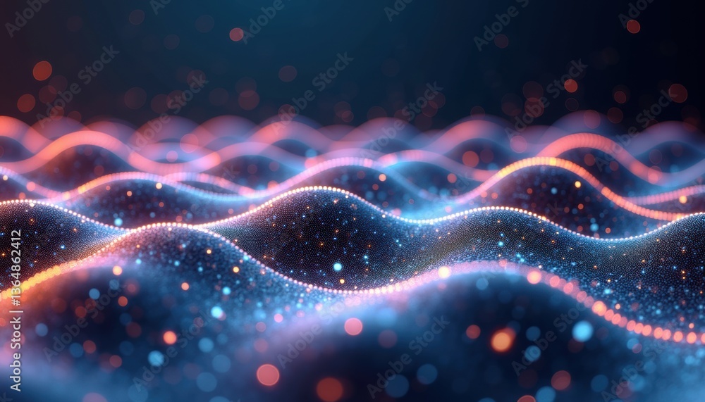 Poster Abstract waves illuminated with glowing particles in blue background  
