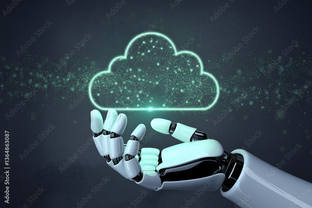Poster robotic hand gently holds glowing cloud network, symbolizing artificial intelligence, data, and clou
