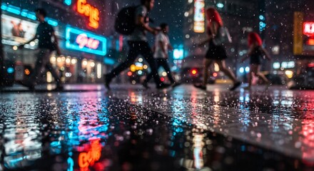 Fototapeta premium Nighttime city street scene, wet pavement, vibrant neon lights reflecting in puddles. People walking in the rain