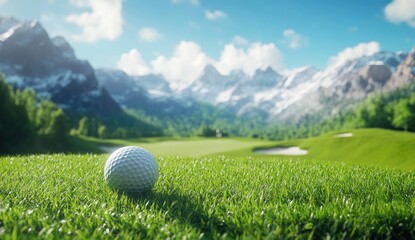 Golf ball on a picturesque green fairway with snowy mountains in the background