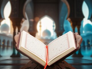 Islamic concept with The Holy Quran book at beautiful mosque