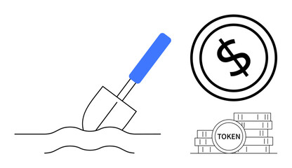 Shovel in soil, dollar coin, and token stacks symbolizing mining, cryptocurrency, financial growth, earning. Ideal for investment, cryptocurrency, finance mining business innovation savings