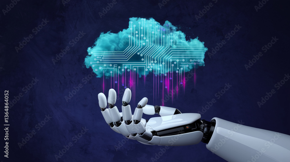 Poster robotic hand holding cyan cloud with circuit board design, symbolizing technological innovation and 