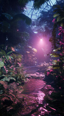 Obraz premium Cyberpunk Rainforest Stream with Pink Lighting Background