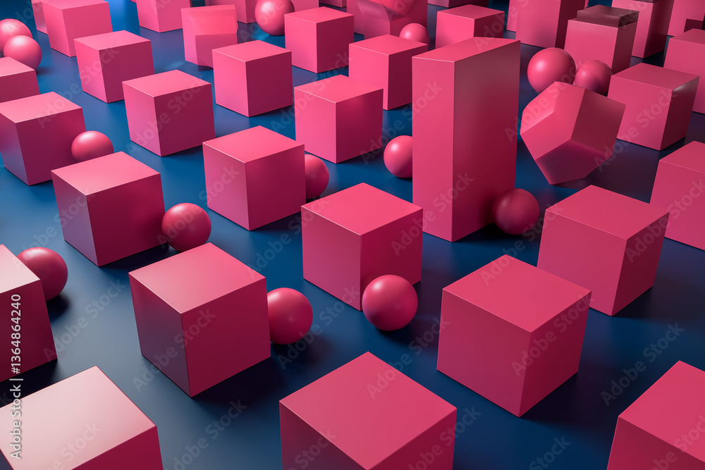 Aufkleber abstract 3d render of pink cubes and spheres on a dark blue background, creating a geometric pattern