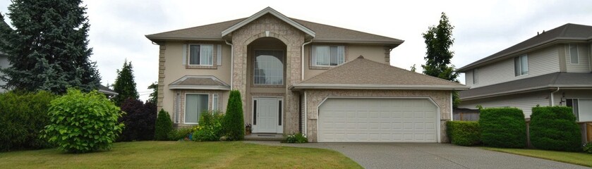 Obraz premium Suburban home with manicured lawn on a cloudy day, potential real estate or family living use