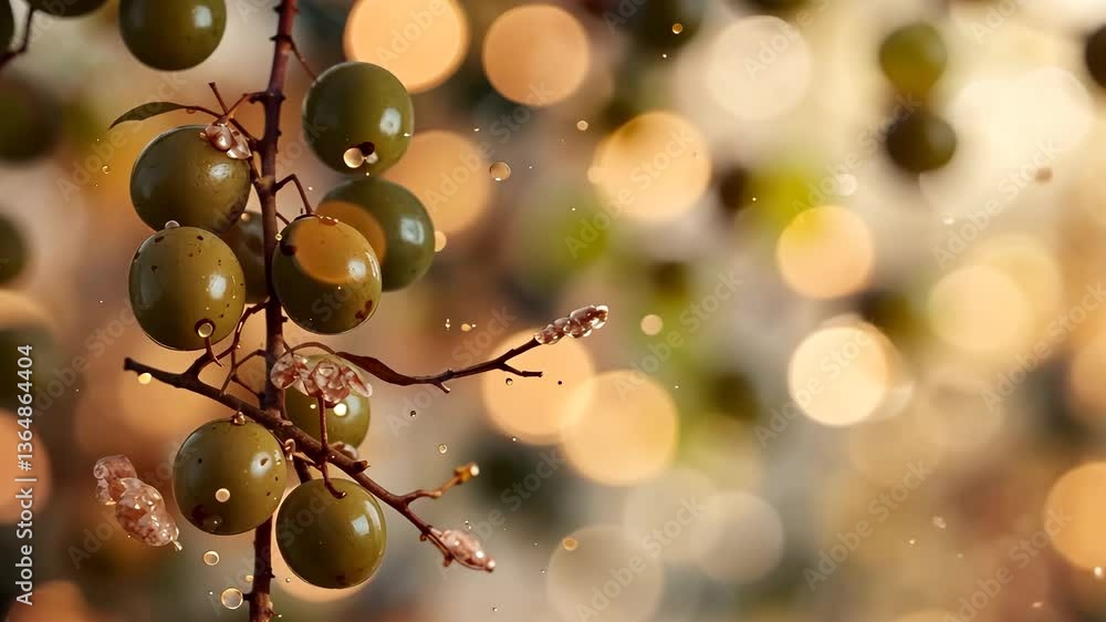 Poster olive berries on branches with bokeh background and sparkling particles